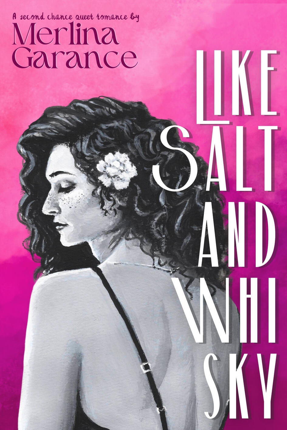 Over a pink, watercolor like background which gets darker towards the bottom, is a gouache painting of a woman, in black and white. She had long, curly hair, and a white flower over her ear. She has her back to us and is looking to the left. Her eyes are h
